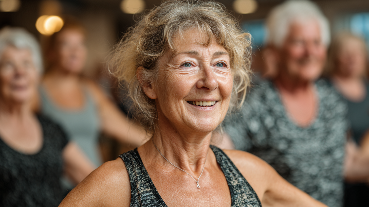 Група людей зрілого віку займається танцювальною терапією в сучасній студії